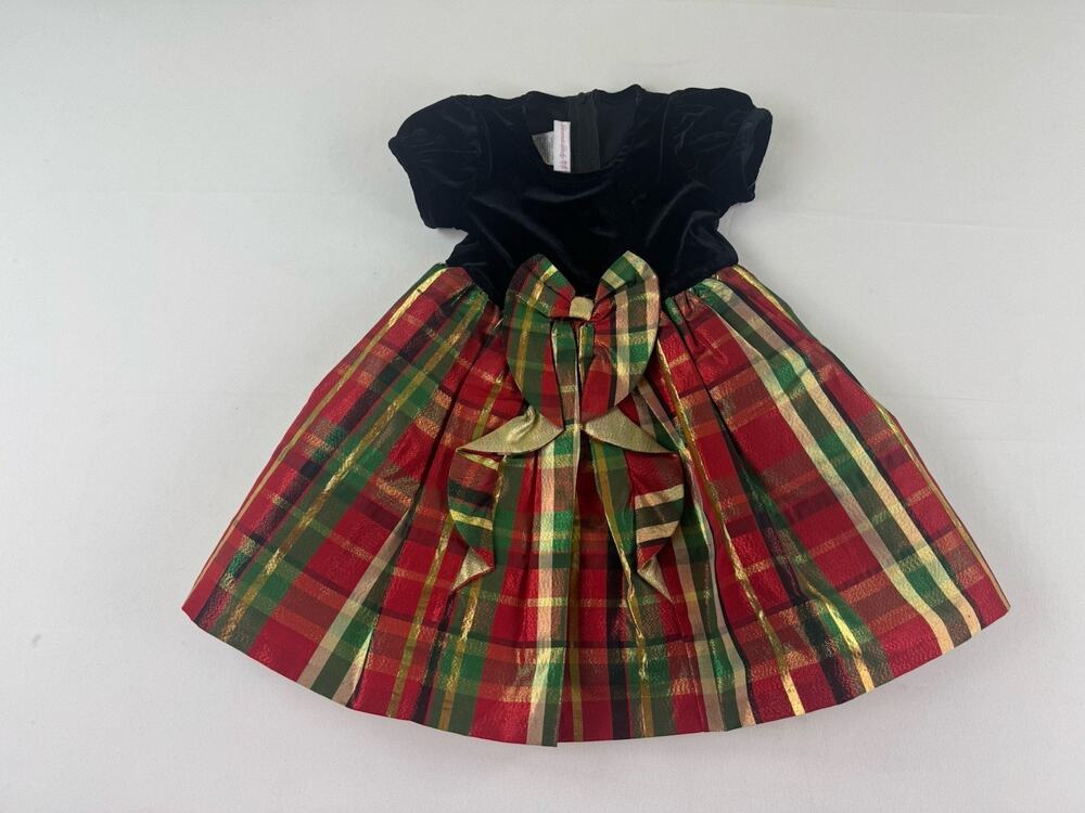 Bonnie Baby Holiday Plaid Dress 24M Red Green Gold Velvet Christmas